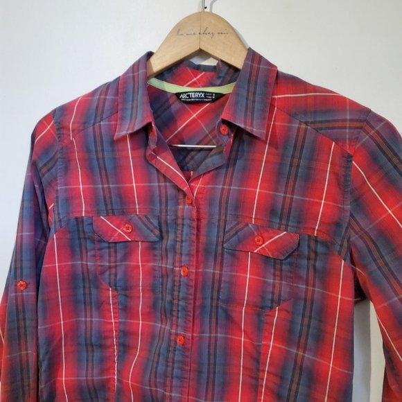ARC'TERYX Women's Medium Fitted Convertible Roll Tab Plaid Button Down Top Shirt - Picture 3 of 13